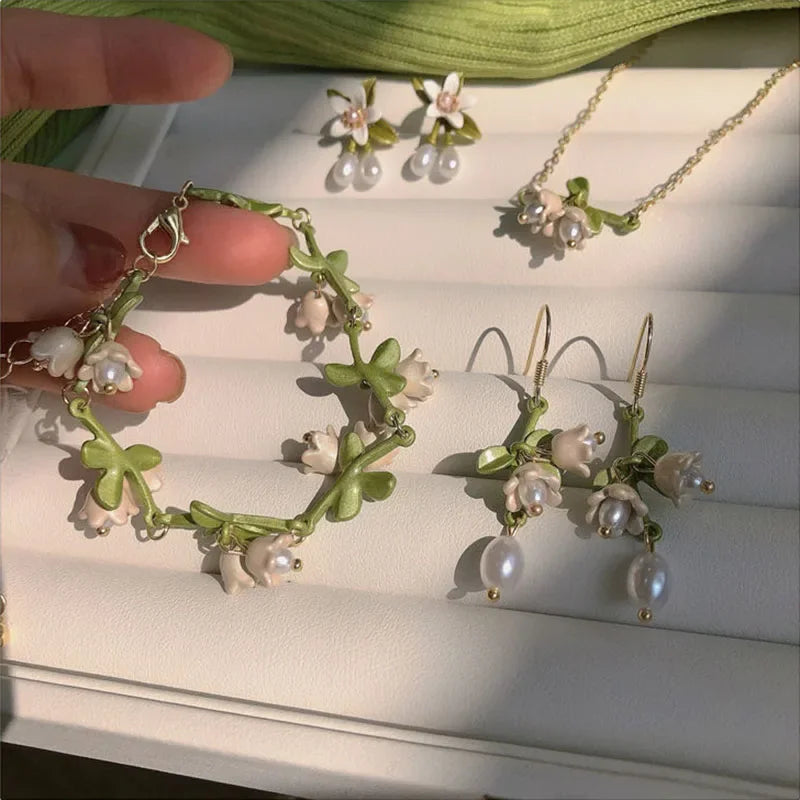 White Lily Of The Valley Bracelet Earrings Necklace Set Super Fairy Stud Earrings Girls Clavicle Chain Flower Jewelry Gifts
