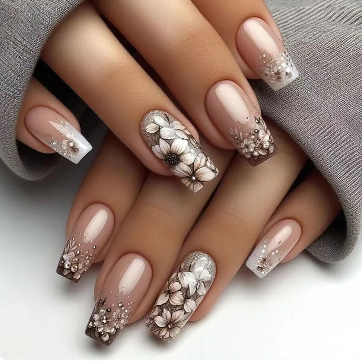 24Pcs Sweet Cool Coffin Fake Nails Butterfly Flower Acrylic Nail Glitter Glossy False Nail Full Cover Autumn Press on Nails Tips