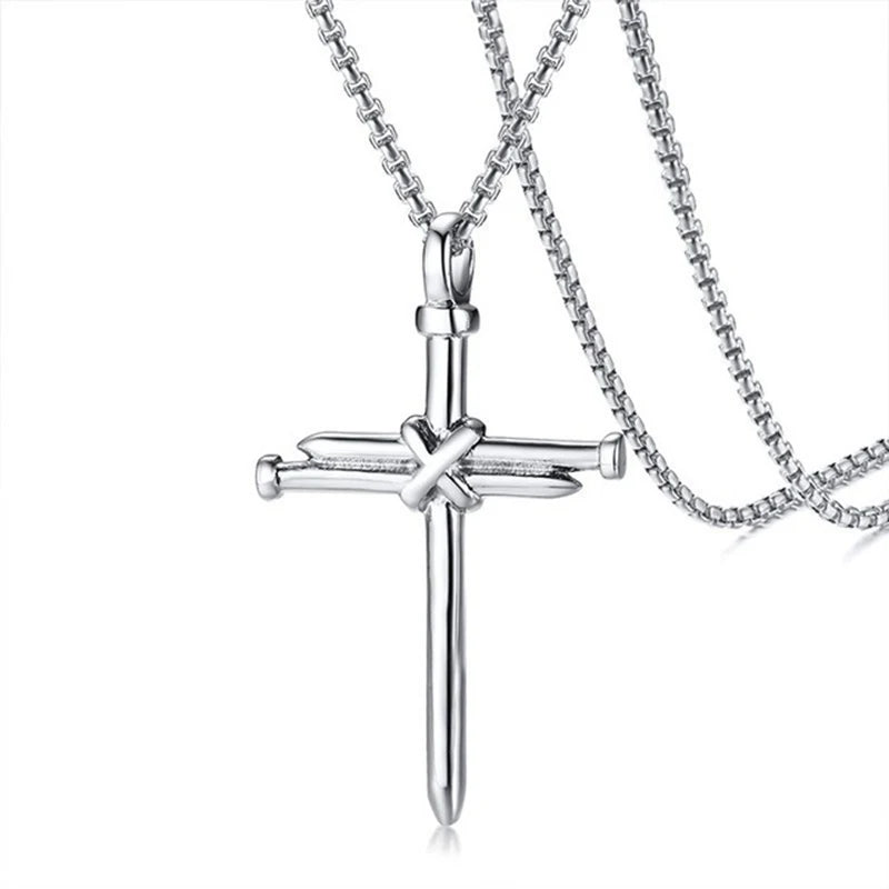 Nail Cross Pendant Necklace For Men Hip Hop Punk Style Silver Color Stainless Steel Chain Christian Church Baptism Party Jewelry