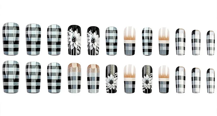 24Pcs Set Vintage False Nails with Glue Flower Checkered Press on Nails French Acrylic Nail Short Square Fake Nails Sweet Cool