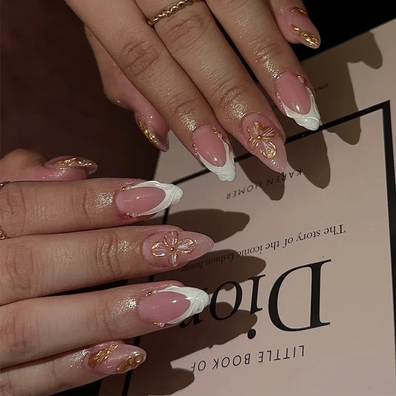 24Pcs 3D Flower Almond Nail Set Press on Nails with 3D Wave Drill False Nails French Tip Full Cover Artificial Nails Art Tips
