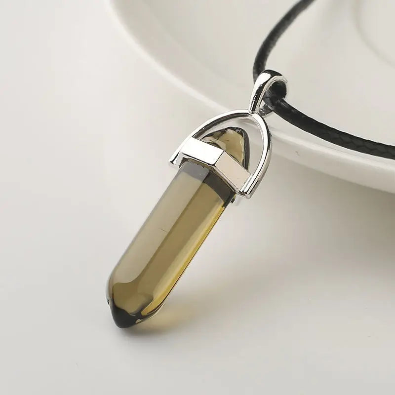 Natural Stone Pendant Necklace Ladies Girls Gift PU Leather Hexagonal Pillar Pointed Jewelry