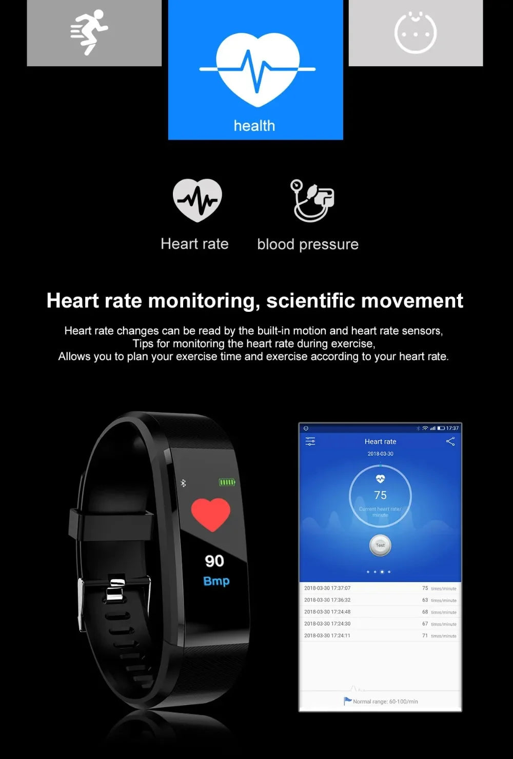 Smart Watch 115Plus Bracelet Heart Rate Blood Pressure Band Fitness Tracker Smartwatch Bluetooth Wristband