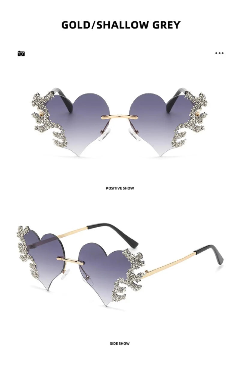 2024 Fashion Heart Shaped Sunglasses Luxury Diamond Funny Personality Rimless Sun Glasses Halloween Party Christmas Decoration