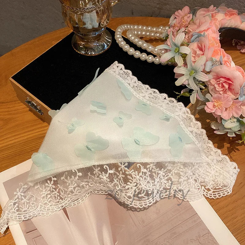Dopamine Butterfly French Fairy Lace Triangle Headscarf Women's DIY Headwear Mesh Silk Scarf Hairband Summer Beach Accessories