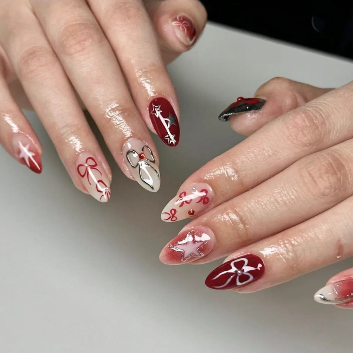 24pcs detachable sweet cool ballet false nails with star y2k designs acrylic press on nails coffin almond fake nails with glue