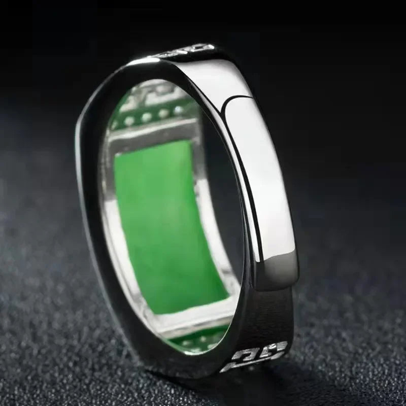 New Green Natural Hetian Jade Ring 925 Sterling Silver Ring Couple Rings Men Women Jewelry Lucky Stone Jade Finger Ring