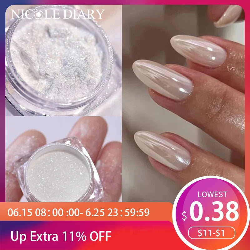 Aurora Pearl White Nails Glitter Dust Chrome Moonlight White Rubbing on Powder Shell Mirror Pigment Nail Art Supplies Decoration