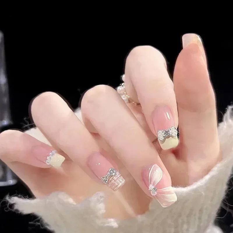 24pcs Detachable butterfly designs artifical nails with glue Ballet fake nails set press on ins simple summer hot false nails