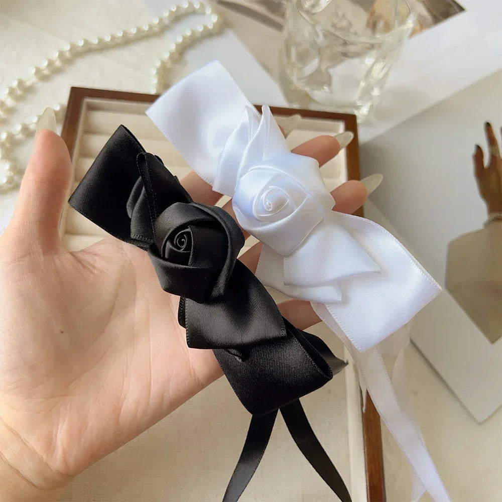 White Bow Ribbon Hair Clips Women Girls Elegant Flower Bowknot Satin Hairpins Ponytail Clip Wedding Party Barrette Accessories