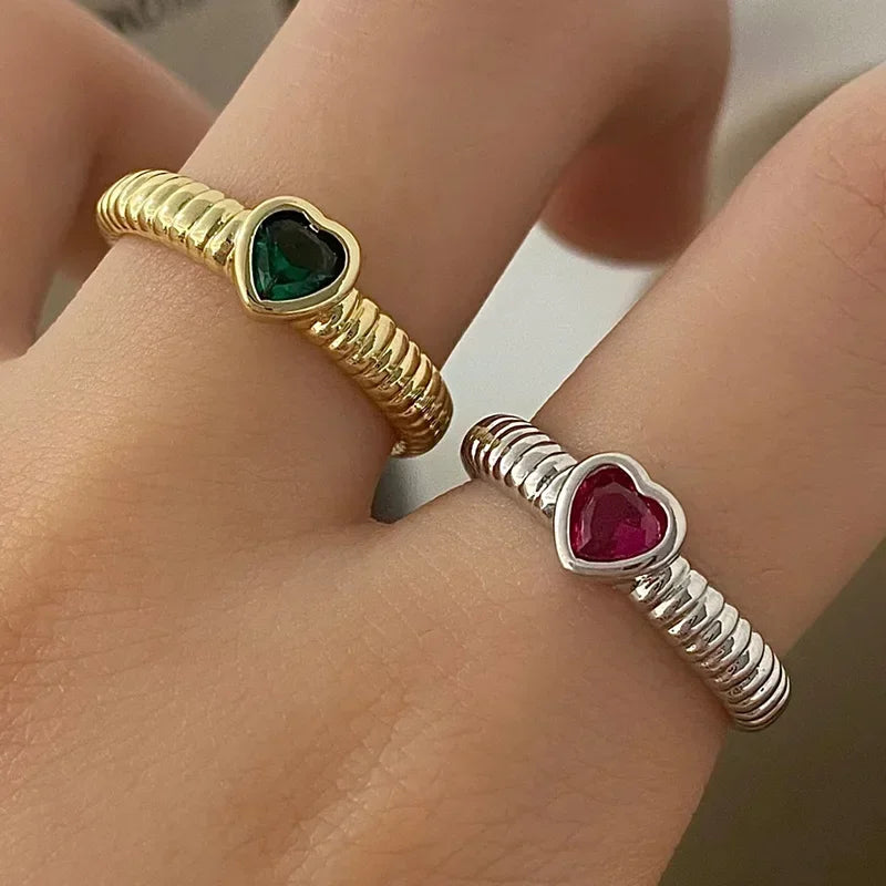 Silver Colorful Zircon Heart Rings for Women Cute Fine Jewelry Minimalist Adjustable Accessories Gift