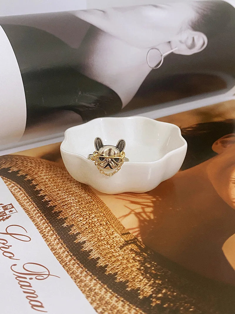 Cute Dog with Sunglasses Ring Punk French Bulldog Wearing Chain Glasses Open Finger Ring Jewelry Cool Decoration for Men Women