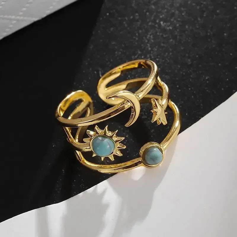 Gold Color Cute Cat Head Chain with Glasses Ring Green Zircon Animal Dog Adjustable Ring Men and Women Hip Hop Trendy Jewelry