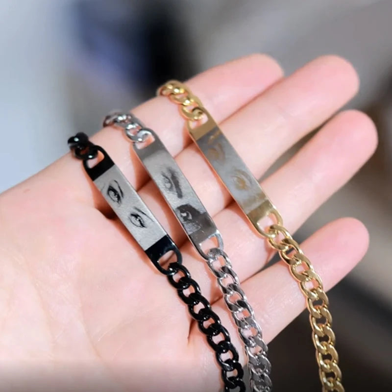 Letdiffery Personalized Eyes Photo Bracelets Stainless Steel Custom Laser Engrave Picture Name Date Men Women Kids Bracelet Gift