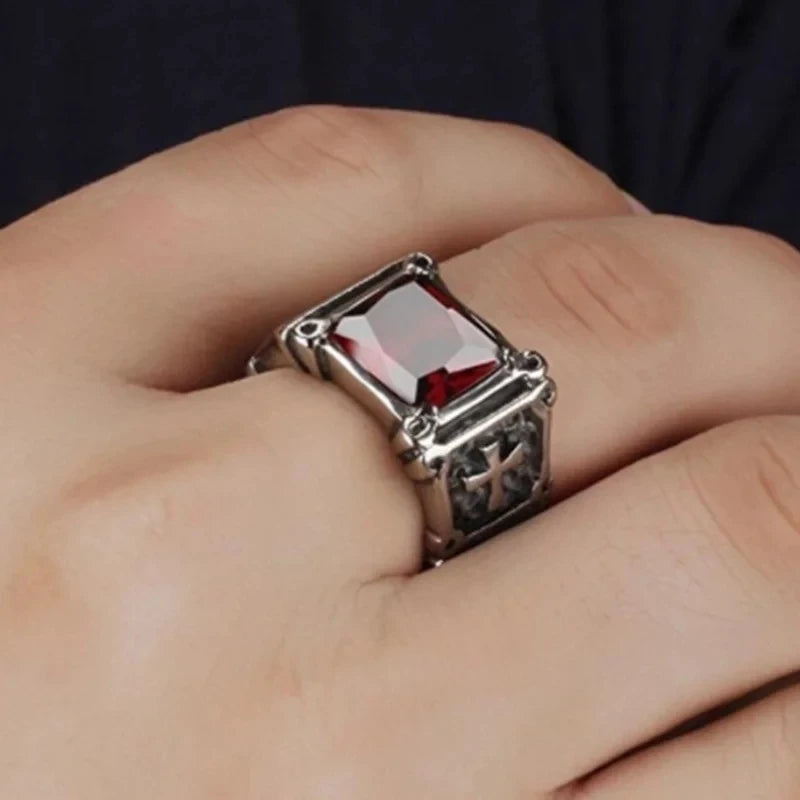 Christian Gothic Red Gemstone Cross Ring Vintage Catholic Prayer Amulet Jewelry for Men