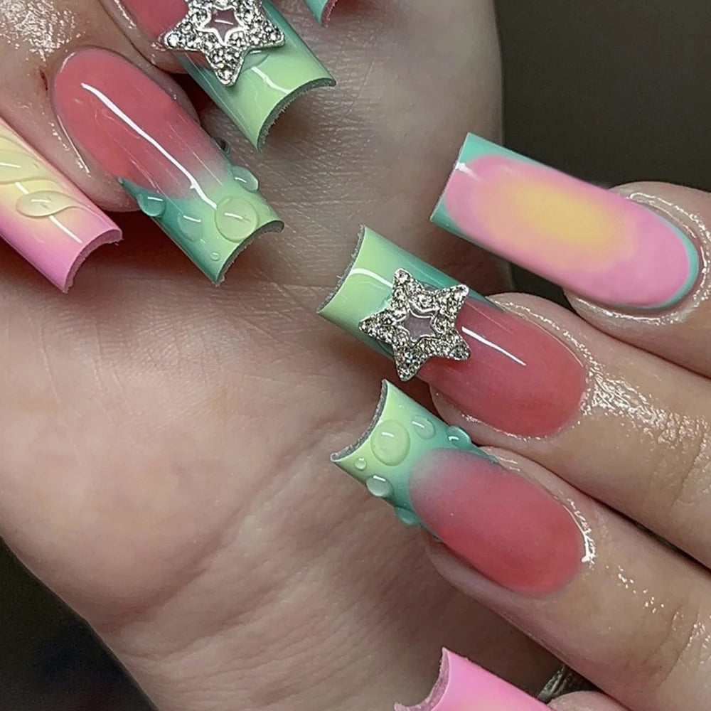 24Pcs Sweet Medium Square False Nails with Glue Blush Pink Flowers Fake Nails Full Cover French Acrylic Press on Nails for Girls