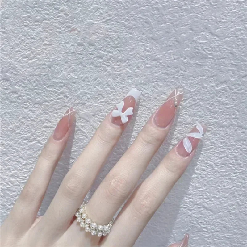24pcs Detachable butterfly designs artifical nails with glue Ballet fake nails set press on ins simple summer hot false nails
