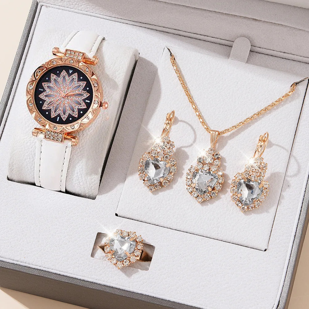 Ladies Watch 5pcs Set Watches for Women Leather Band Simple Casual Women's Analog WristWatch Bracelet Gift Montre Femme (No Box)