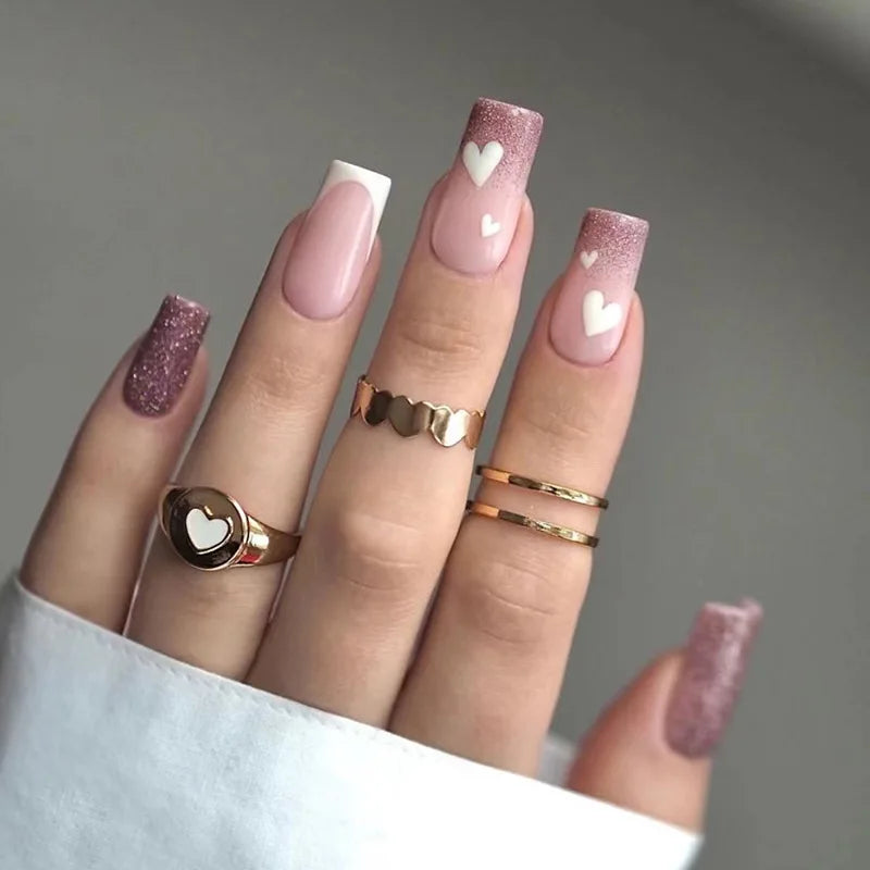 24Pcs Pure White French Press on Nails Long Square Head False Nails with Pearl Pink Bow Design Ballet Wearable Fake Nails