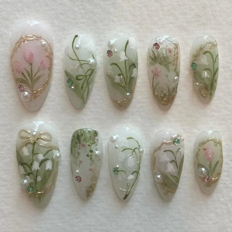 24Pcs 3D Flower Almond Nail Set Press on Nails with 3D Wave Drill False Nails French Tip Full Cover Artificial Nails Art Tips