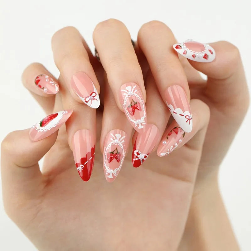 24Pcs Sweet Almond Nails Set Press On Nails Cute Mini Flower False Nail Floral Bow Diamond Full Cover Artificial Nails Art Tips