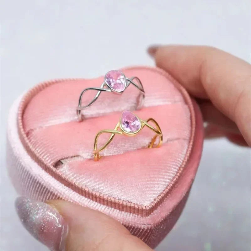 Princess Pink Crystal Rings for Woman Girls Fairy Water Drop Open Ring Fashion Party Wedding Jewelry Gift Sweet Finger Rings