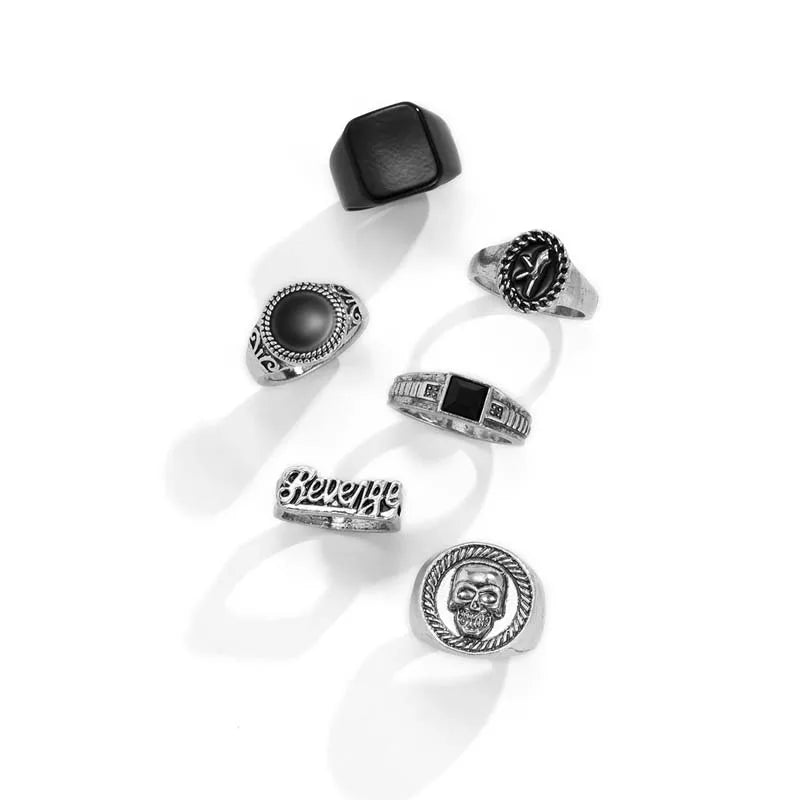6Pcs/Set Vintage Silver Color Skeleton Skull Rings Set For Men Women Punk Gothic Metal Geometric Knuckle Ring Jewelry Anillos