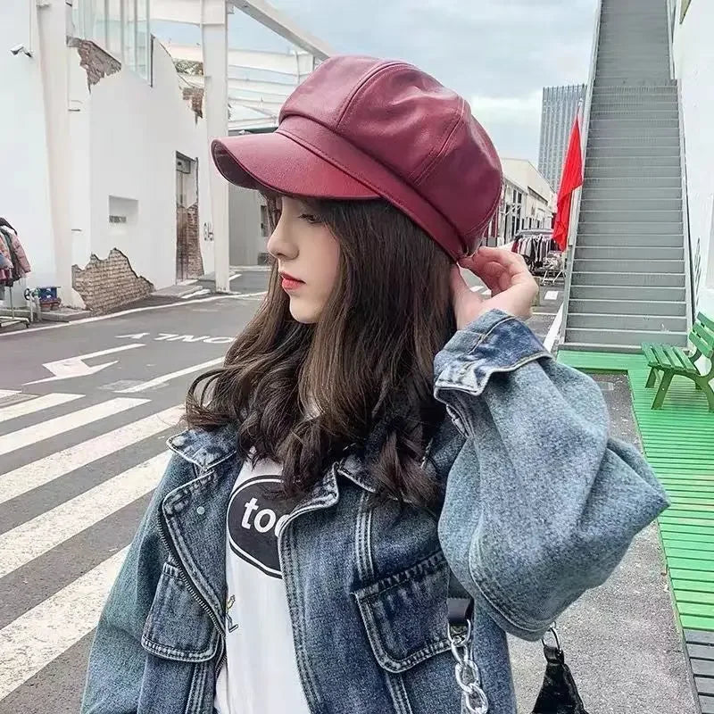 8 Panels Newsboy Caps for Women PU Leather Cabbie Painter Hat Gatsby Ivy Beret Cap