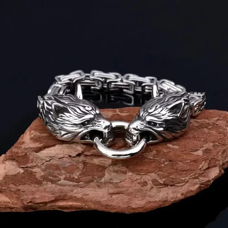 Nordic  Celtic Double Wolf Head Men's Stainless Steel Chain Bracelet Byzantine King Chain Punk Rock Party Jewelry