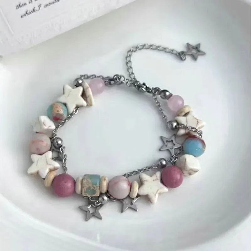 Women Summer Dopamine Sweet Cool Rhinestone Stars Bracelets Cute Cartoon Black Cat Heart Beads Bracelet Fashion Jewelry Gifts