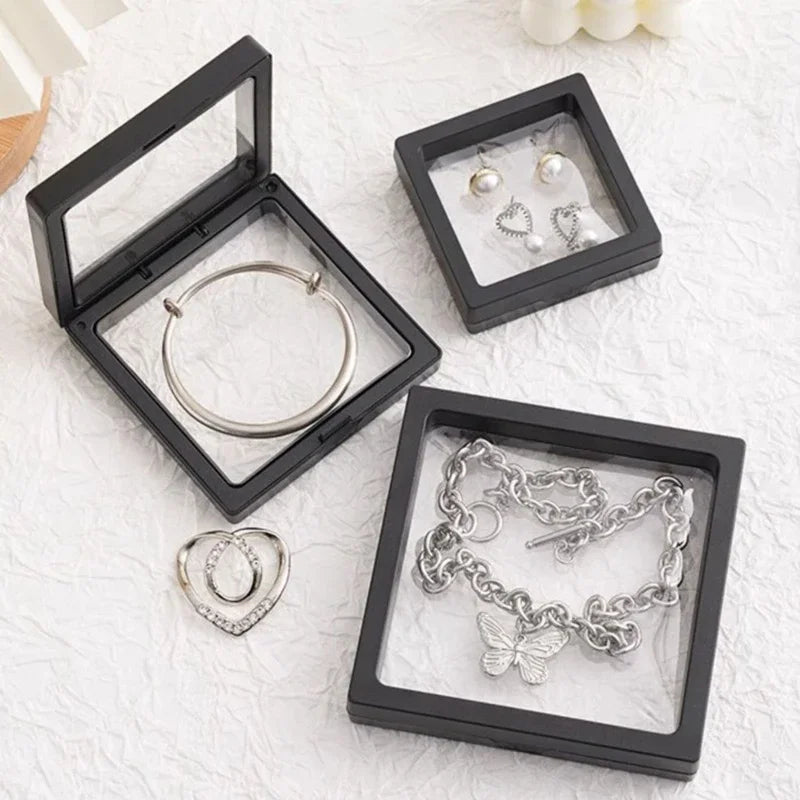 PE Film Jewelry Storage Box 3D Packaging Case Free Stand Floating Frame Membrane Ring Earrings Necklace Display Holder