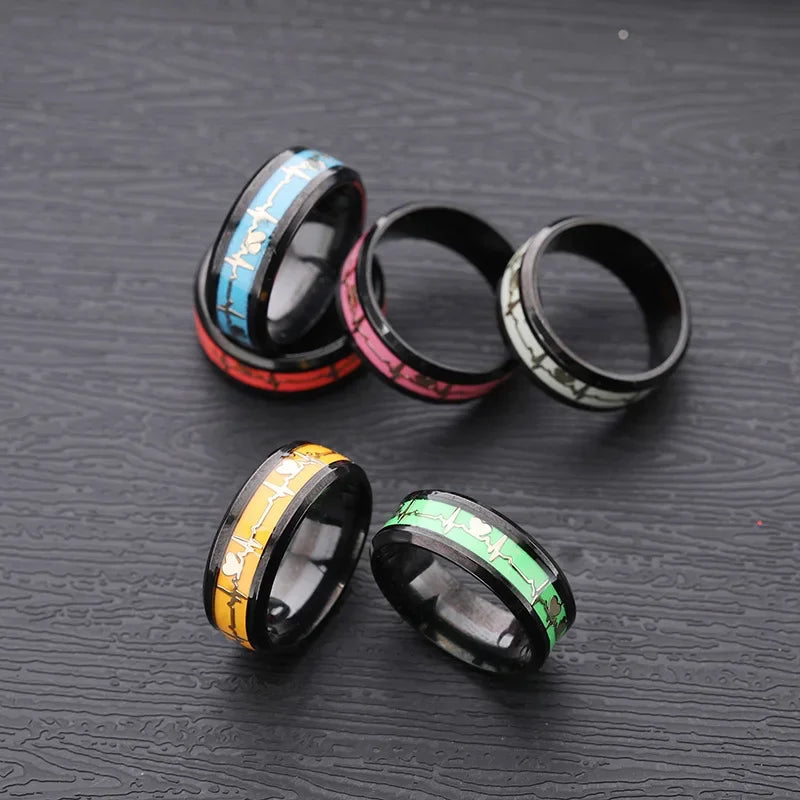 Fashion Love Heart Glow Rings Luminous Titanium Steel Teenager Heartbeat Fluorescence Couple Rings for Boys Girls Gifts