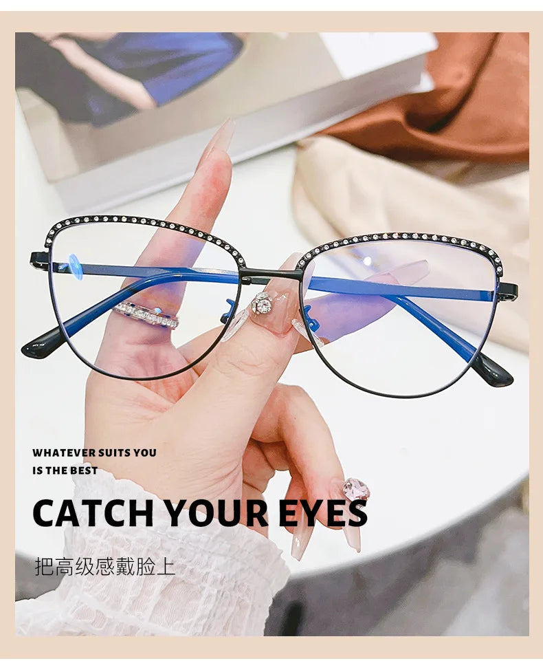New Metal Anti Blue Light Glasses Fashionable Cat Eye Flat Lenses Large Frame Computer Eyeglasses Oculos De Grau Feminino