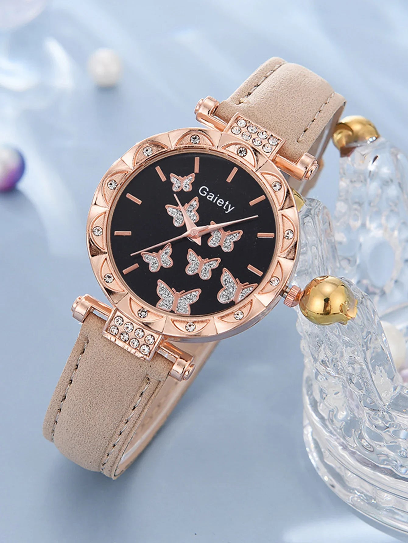 6pcs Luxury Watches Women's Ring Necklace Earrings Bracelet Set Watch Butterfly Leather strap Women's Quartz Watch No case