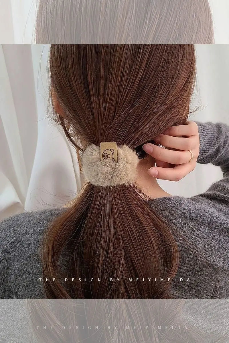 Autumn and Winter Plush Patch Bear Towel Ring Hair Tie Korean Style Hair Accessories Headband Thick High Elastic Hair Rope