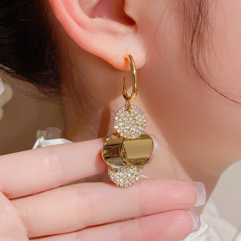 Temperament Geometric Stainless Steel Round Dangle Earrings for Women New Fashion Luxury Crystal Zircon Pendant Jewelry Gifts