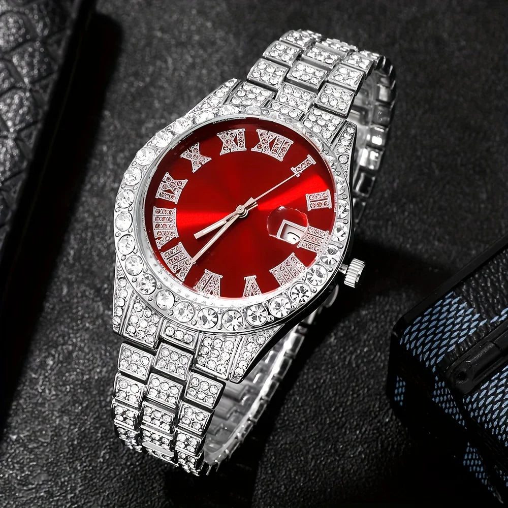 4Pcs/Set Personalized Handsome Hip Hop Men's Quartz Watch Set, 1Pcs Watch+3Pcs Jewelry Set, Fashionable Men's Selected Watch Set