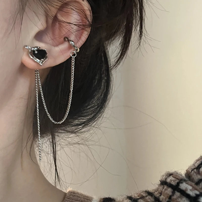 Gothic Black Love Crystal Clip Earrings for Women Exquisite Irregular Heart Stud Earring Long Link Tassel Y2K Jewelry Party Gift