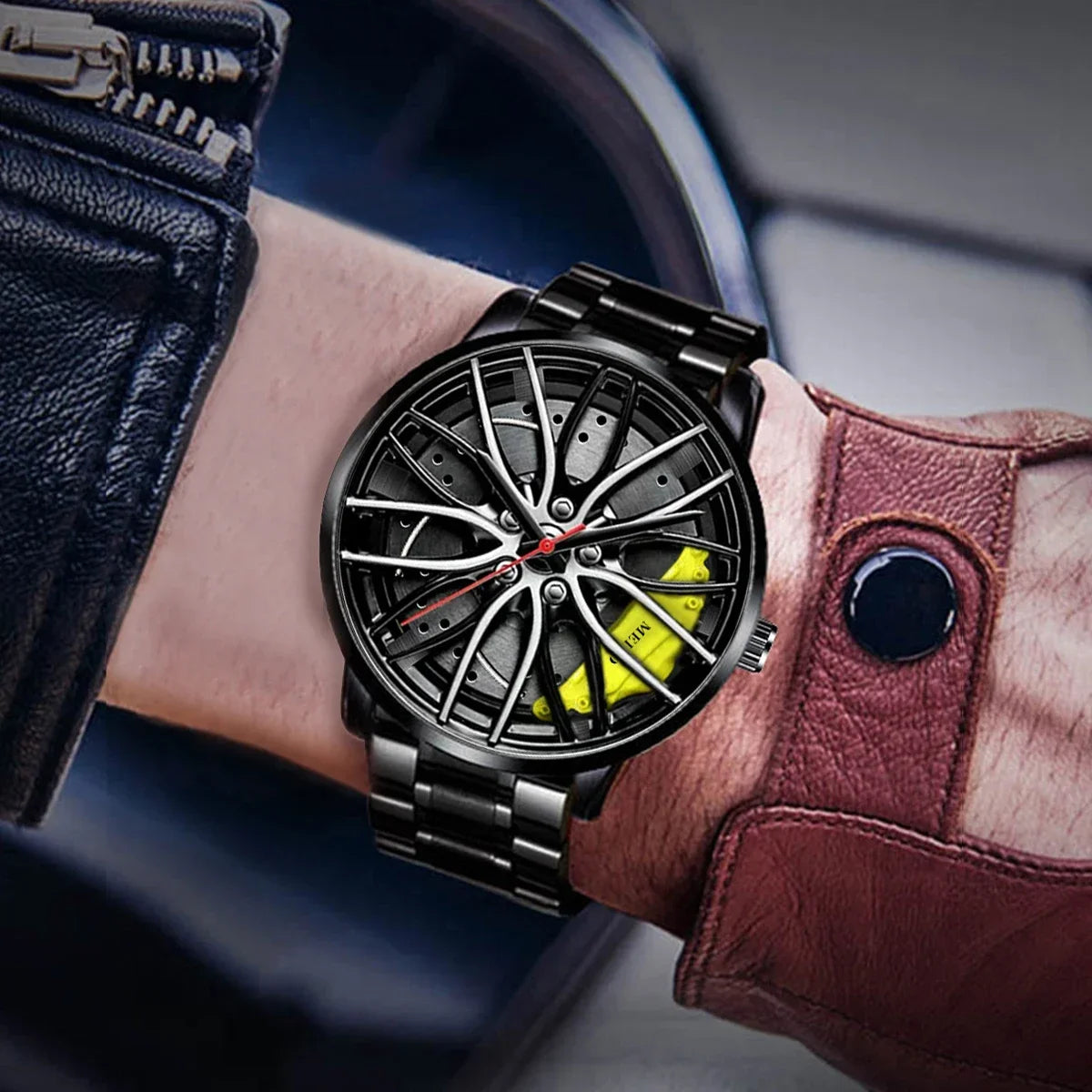 Car Watches for Men Stainless Steel Quartz Wrist Watch Sports Men Watches with Car Wheel Rim Hub Design Reloj Hombre