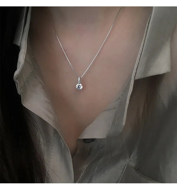 Fashion 925 Sterling Silver Round Zircon Necklace Minimalist Style Charm Choker Pendant Party Gift for Women's Fine Jewelry