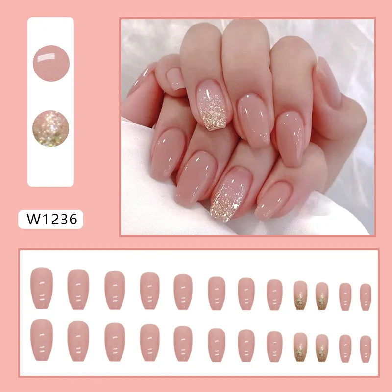 Sweet French 24 Pcs Press on Nails Pink Gradient Fake Nails Glossy Artificial Finger Manicure Reusable False Nails for Women