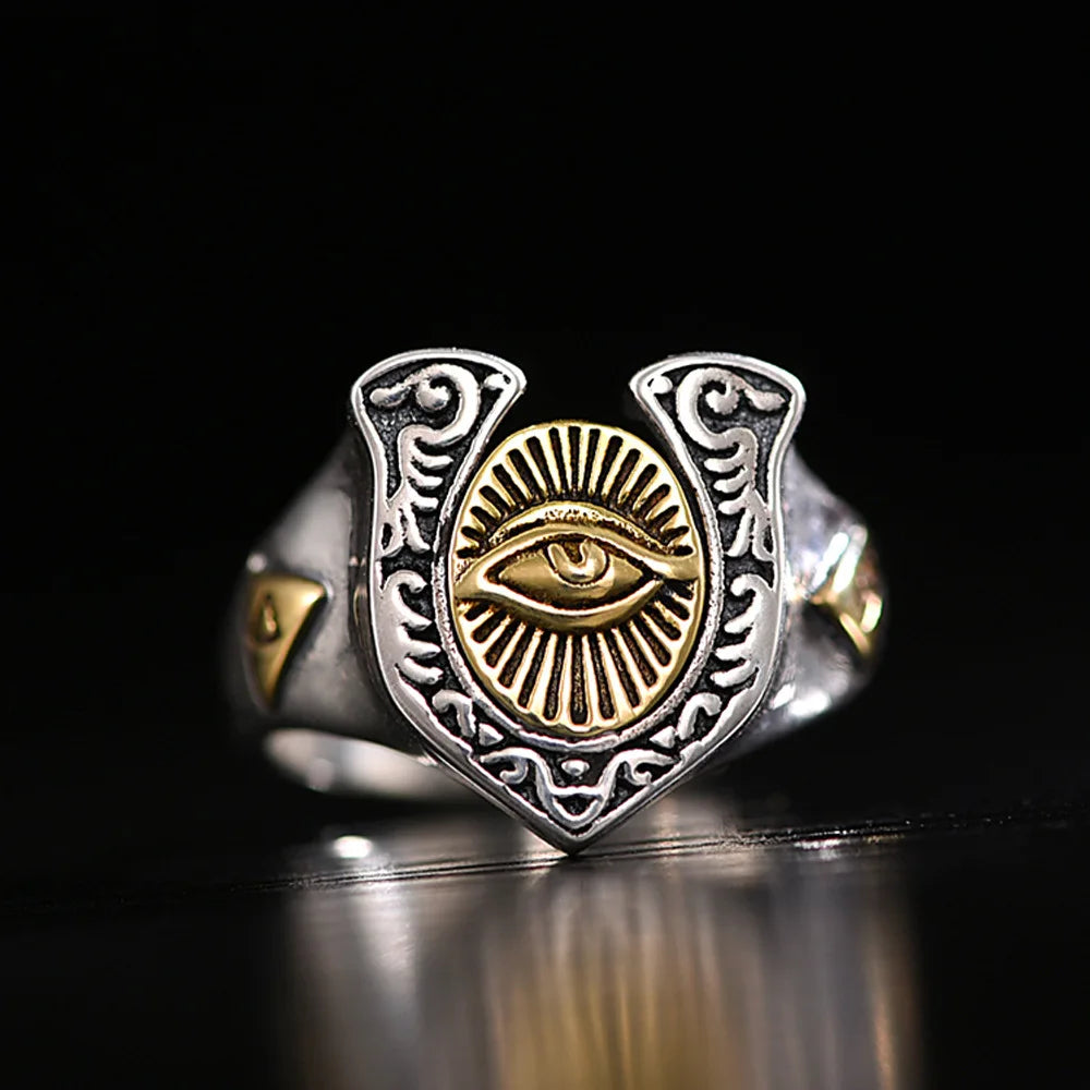 Retro Poseidon Compass Ring Silver-Plated Hexagram Opening Adjustable Ring Men and Women Hip-Hop Trend Jewelry Gift
