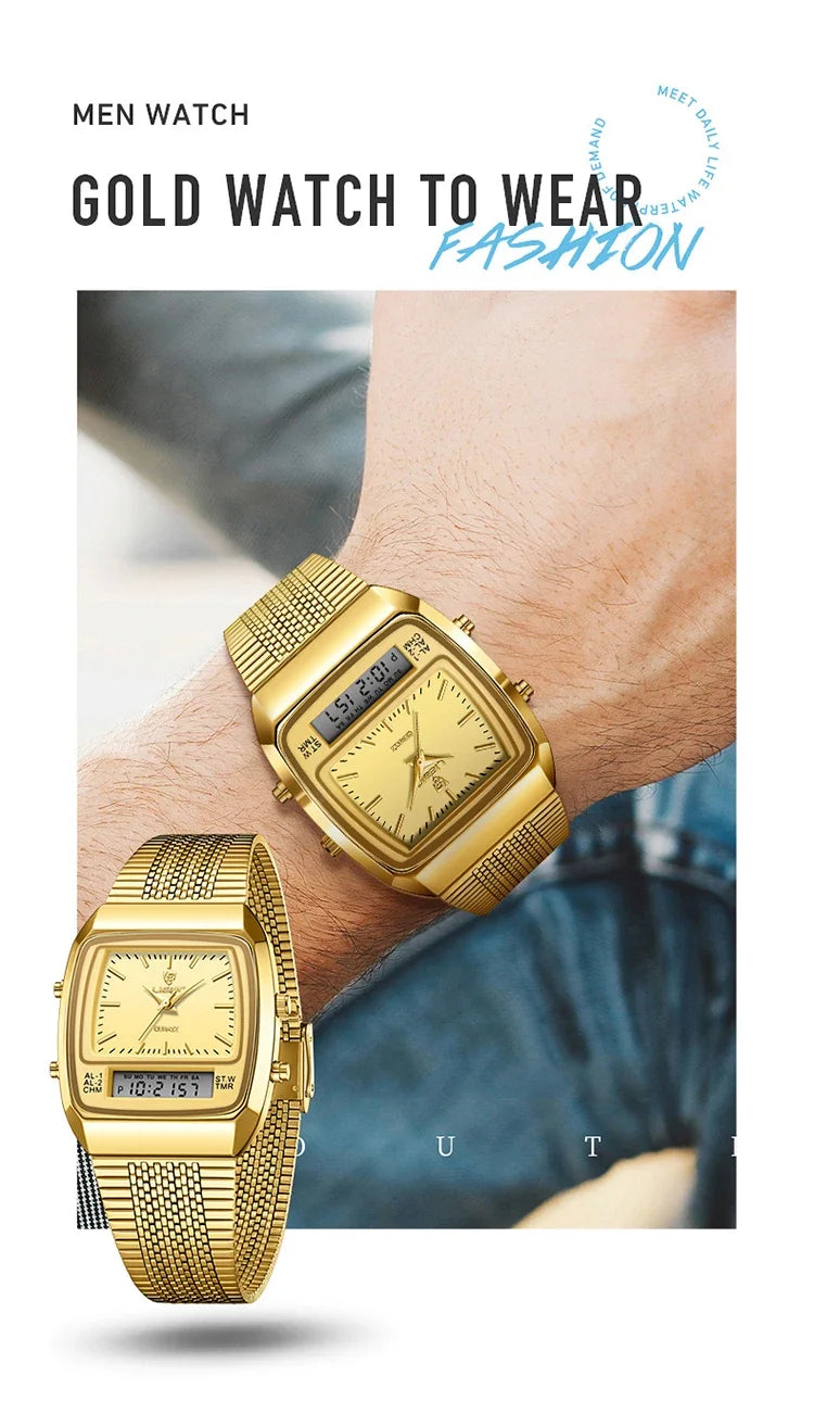 New Golden Steel Strap Quartz Sport Watch Mens Dual Time Week Display Digital Wristwatches Waterproof Clock Reloj Hombre