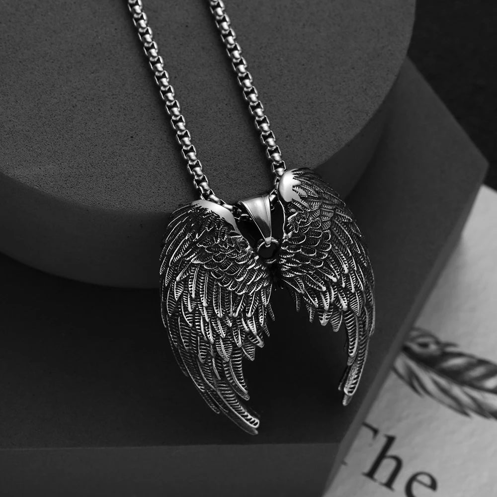 Retro Angel Wing Pendant Necklace Stainless Steel Hip Hop Punk Style Silver Color Birthday Party Gift For Men Women Neck Jewelry