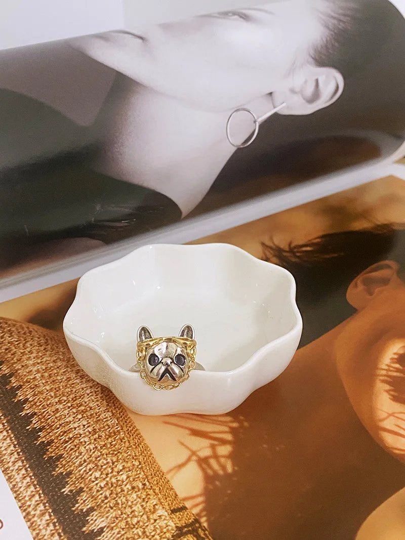 Cute Dog with Sunglasses Ring Punk French Bulldog Wearing Chain Glasses Open Finger Ring Jewelry Cool Decoration for Men Women
