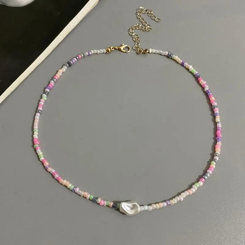 Fashion Boho Beads Necklace Women Imitation Pearl Seed Beaded Strand Short Choker Necklace Handmade Female Jewelry Wholesale