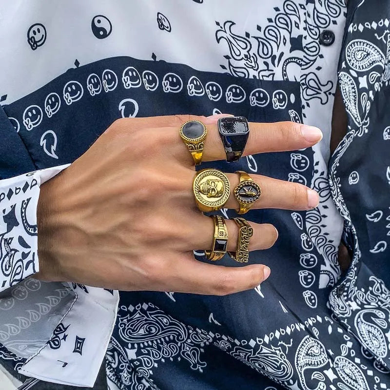 6Pcs/Set Vintage Silver Color Skeleton Skull Rings Set For Men Women Punk Gothic Metal Geometric Knuckle Ring Jewelry Anillos