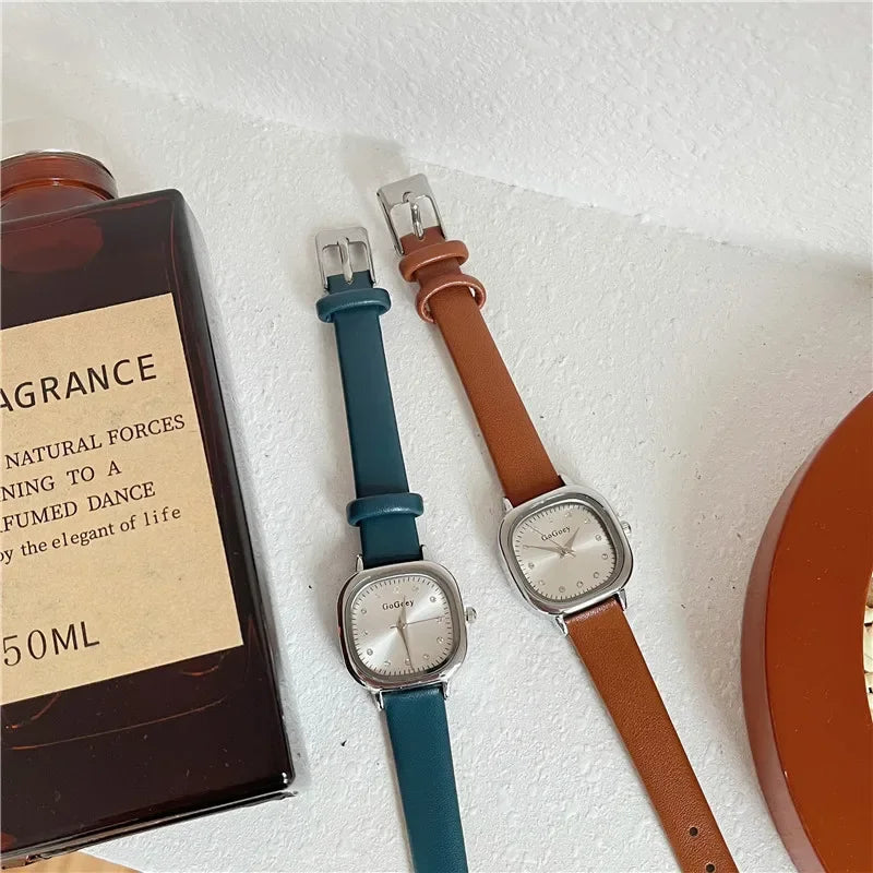 Luxury Women Quartz Watch Leather Strap Small Square Dial Green Watch Casual Fashion Versatile Vintage Wristwatches Dropshipping