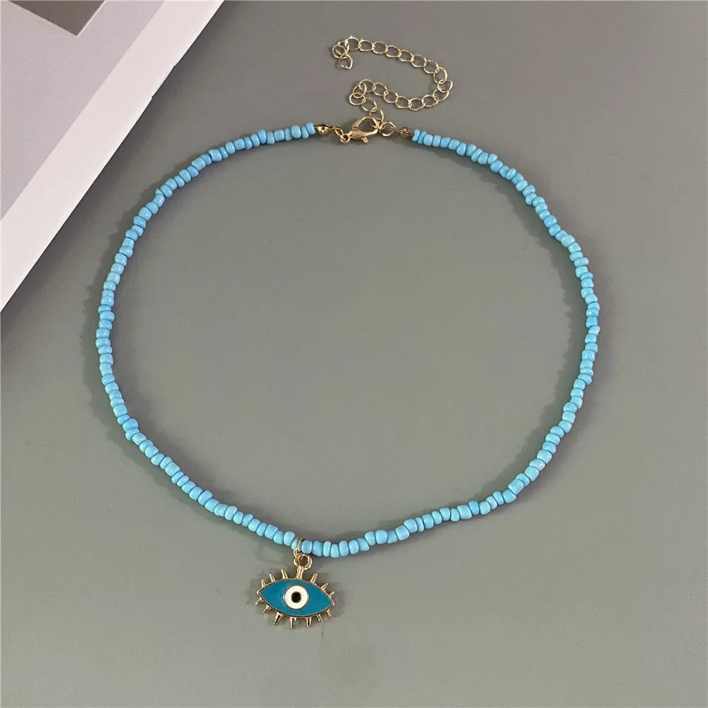 Lucky Handmade Necklace Popular Turkeky Eye Pendant Choker Colorful Rice Beadds Neck Jewelry