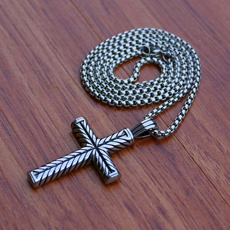 Twisted Pattern Cross Pendant Necklace Retro Simple Stainless Steel Chain Silver Color Hip Hop Jewelry Gifts For Women Men